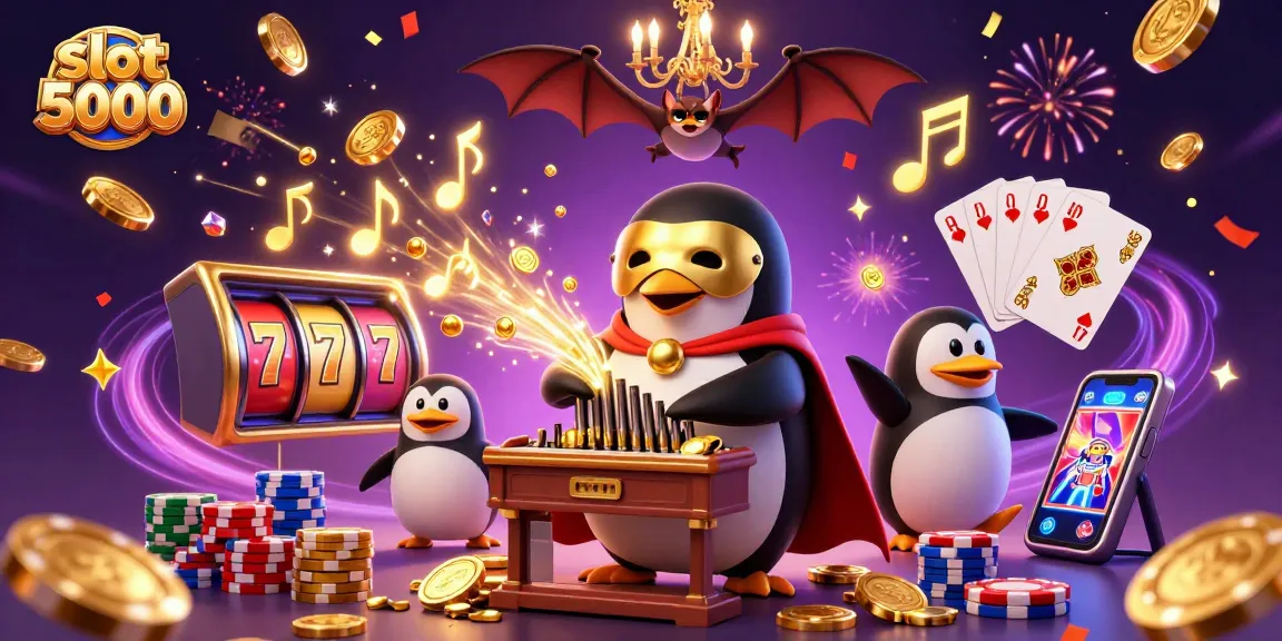 Sensasi bermain slot 5000 dengan penguin misterius dan efek meriah di latar belakang.
