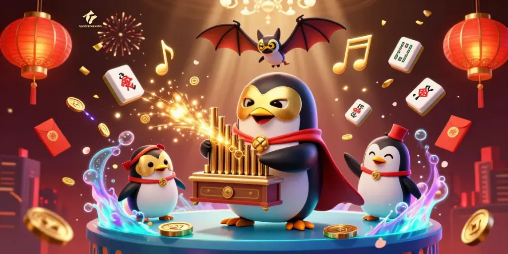 Engage with royalacebonuscodes as a penguin plays an organ, sending gold coins flying in a dynamic casino scene.
