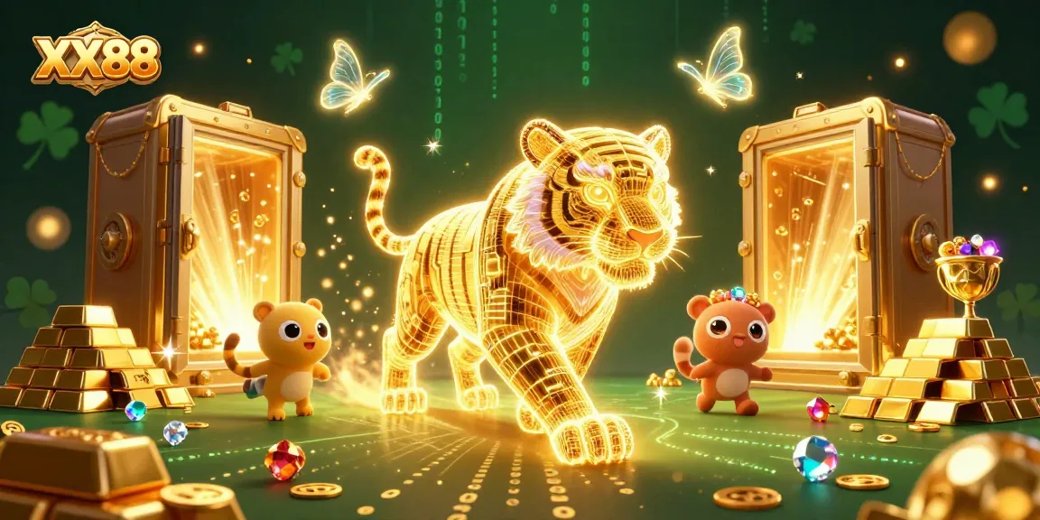 Experience the excitement of XX88 with a dynamic digital casino scene featuring a golden tiger and treasures.