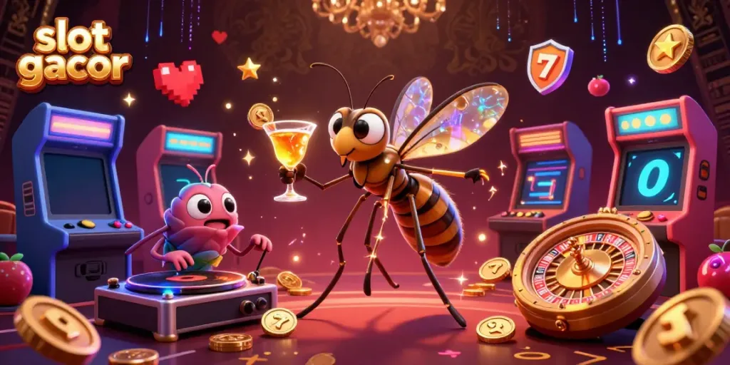 Engage with exciting slot gacor gameplay featuring a lively casino scene with vibrant characters and dynamic gaming elements.