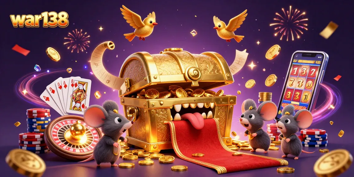Experience jackpot excitement at war138 with a treasure chest enticing adventurer mice amidst vibrant casino action.