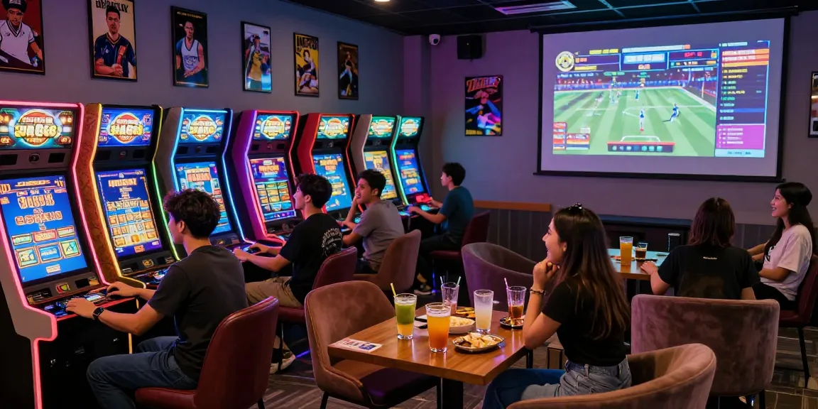 Excited friends enjoying situs 888 games in a vibrant gaming lounge.