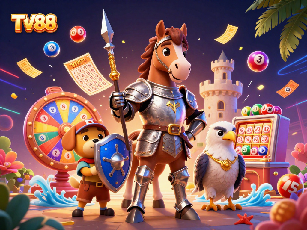Experience excitement at TV88 with knight, puppy, and falcon amid colorful lottery elements.
