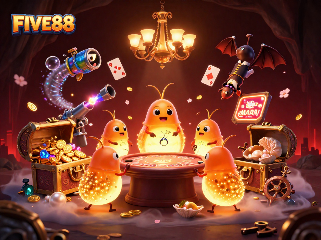 Experience thrilling gameplay at FIVE88 with vibrant 3D illustration showcasing casino excitement.