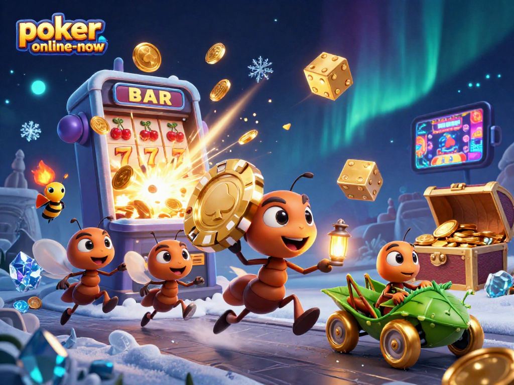 Poker-online-now showcases a cartoony heist with ants, chips, fireworks, and vibrant casino elements.