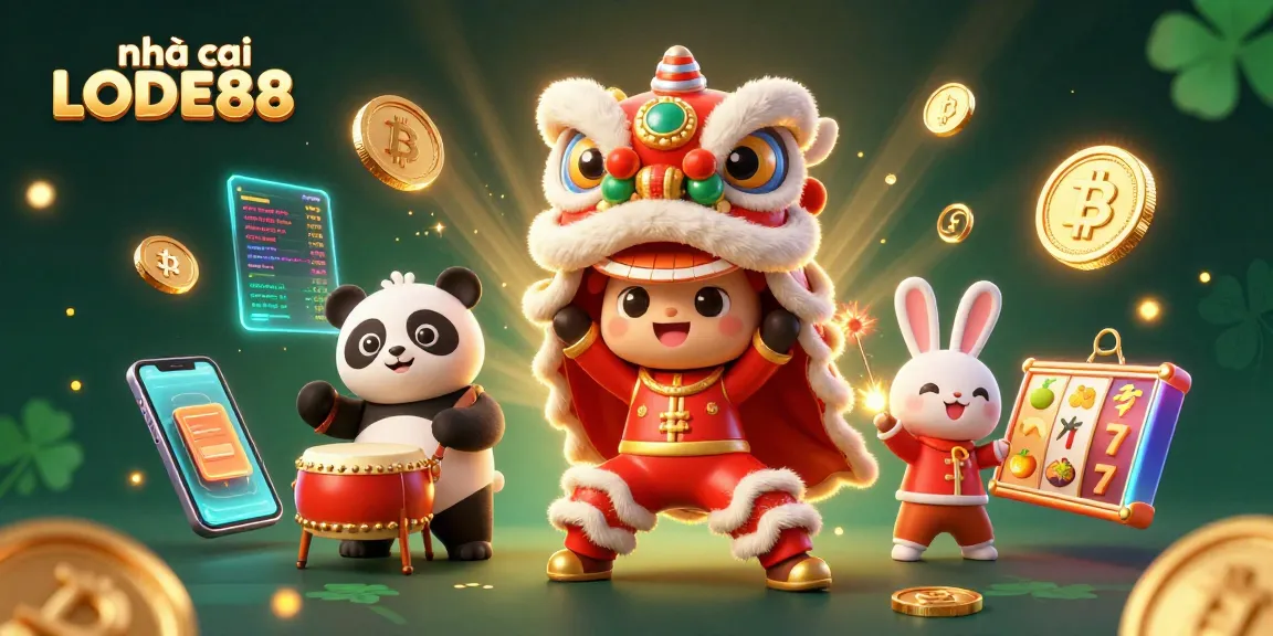 Experience the excitement of nhà cái LODE88 with vibrant 3D illustrations of slots and festive characters