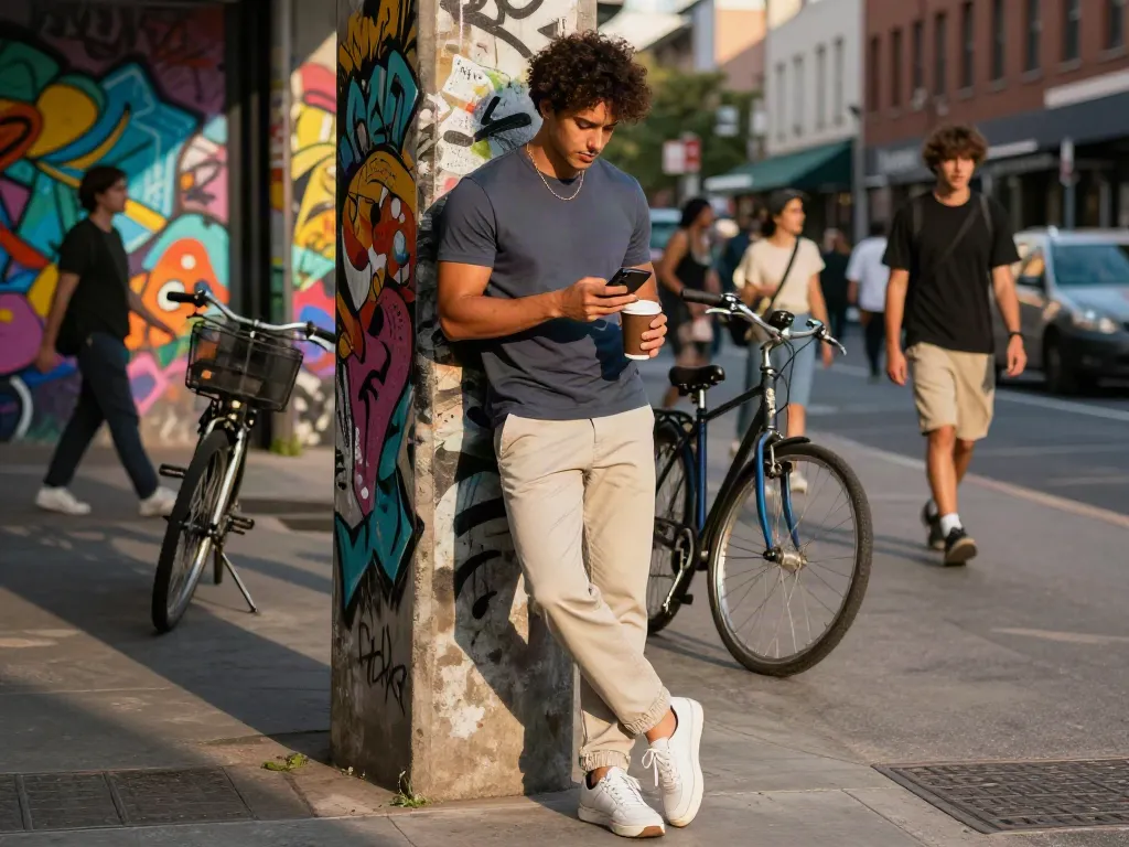 Casual heren kleding in een stedelijke omgeving met een stijlvolle man, outfit en straatkunst zichtbaar