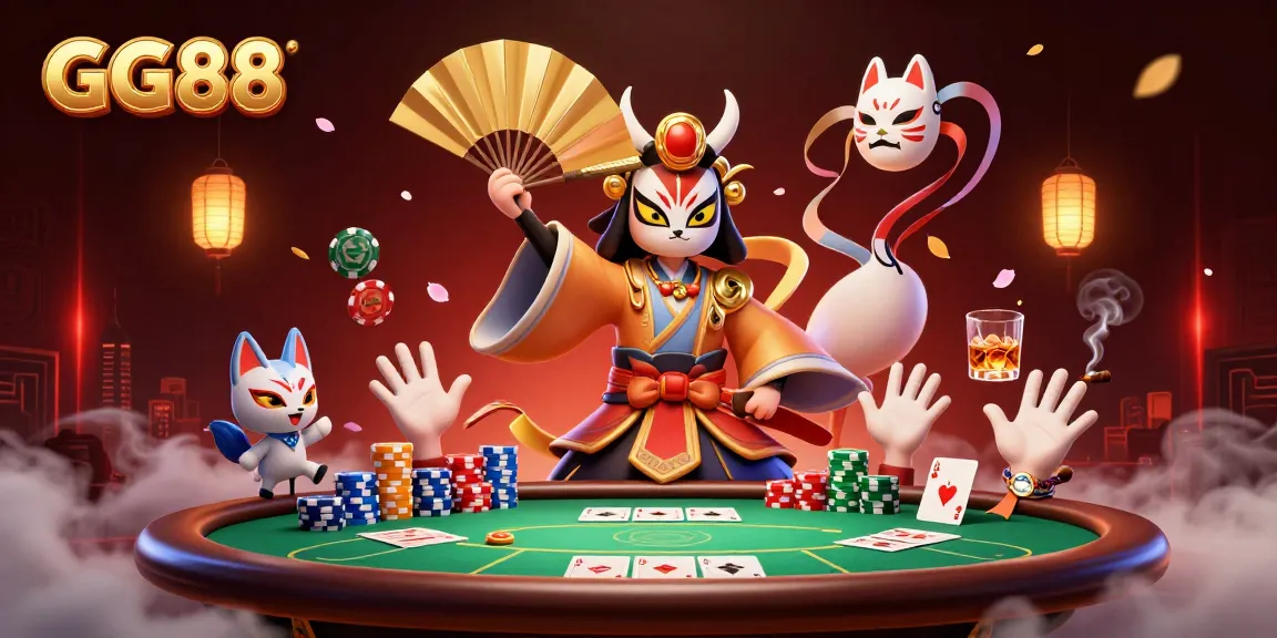 Immerse yourself in GG88's vibrant poker scene with kabuki warriors, poker elements, and festive lanterns.