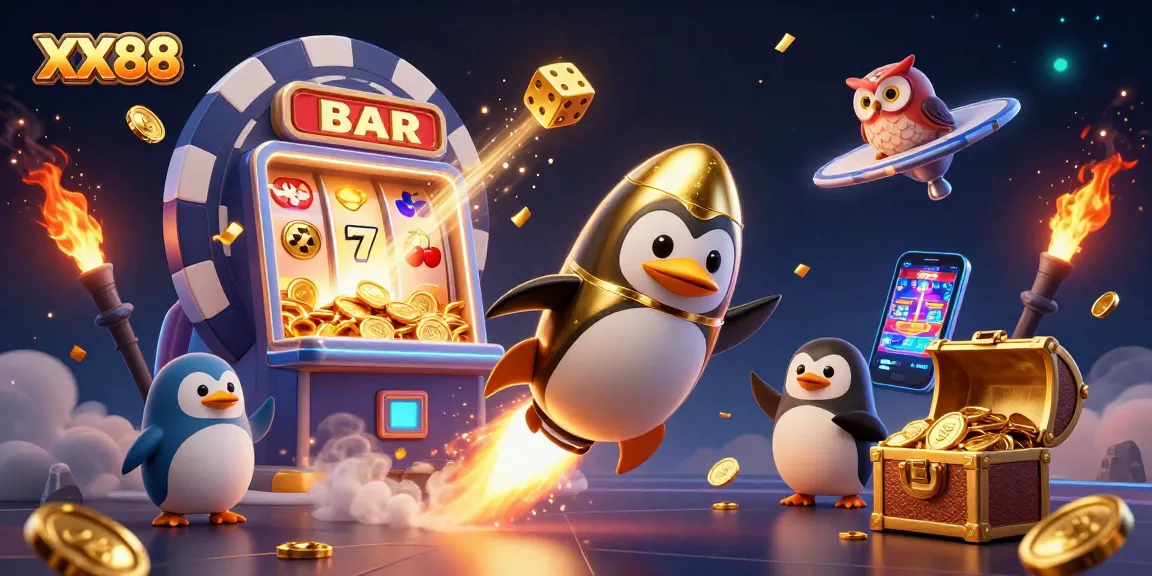 Engage with the exciting world of XX88 while watching a golden penguin soar towards a poker chip casino.