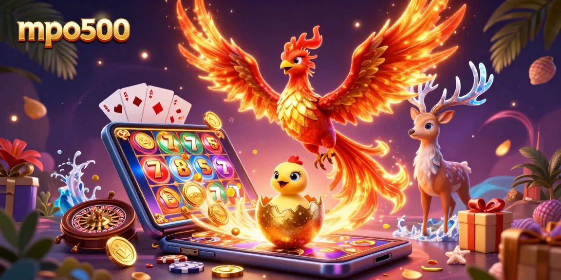 Experience MPO500 with a vibrant 3D illustration showcasing casino elements and a phoenix theme.