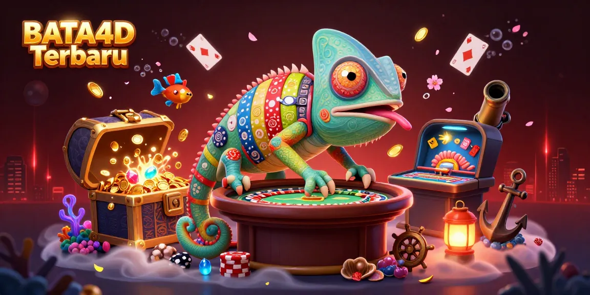BATA4D Terbaru offers a lively casino scene featuring a vibrant chameleon owner amidst floating playing cards and treasures.