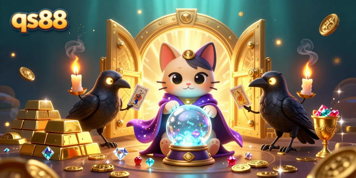 qs88 players enjoy thrilling casino games under a shimmering vault of treasures and mystical characters.