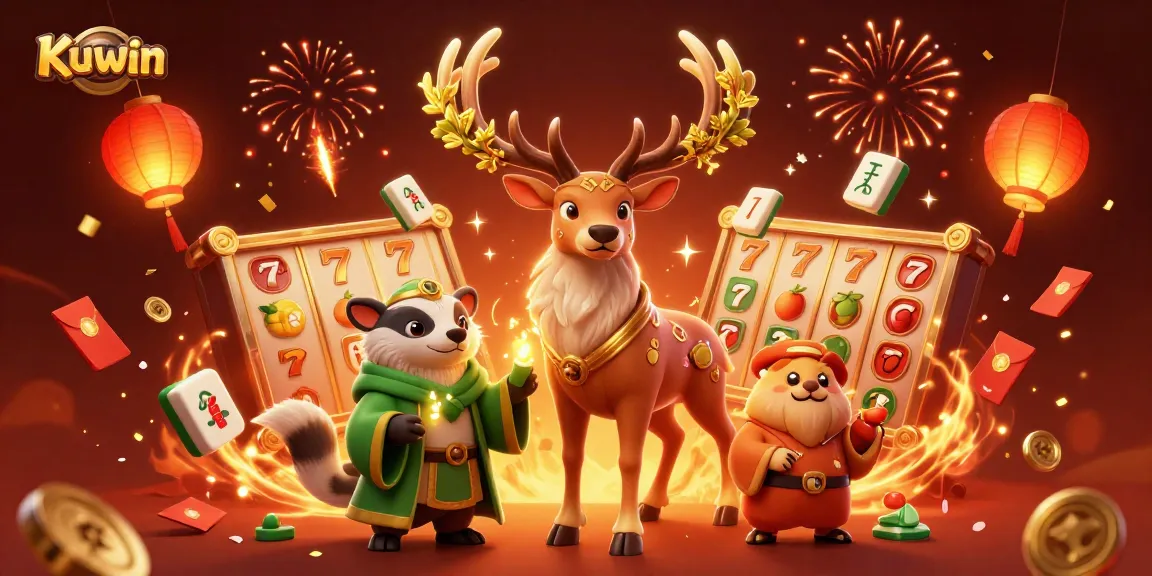 Kuwin's vibrant slot gaming scene with a druid stag and festive elements lighting up the excitement.