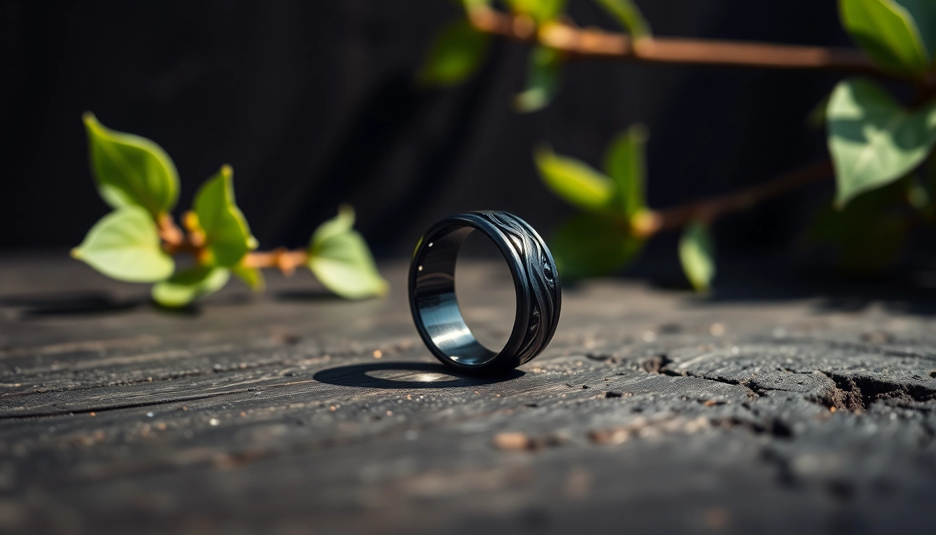 Showcasing a Black Zirconium Ring with a polished design on a dark wooden background.