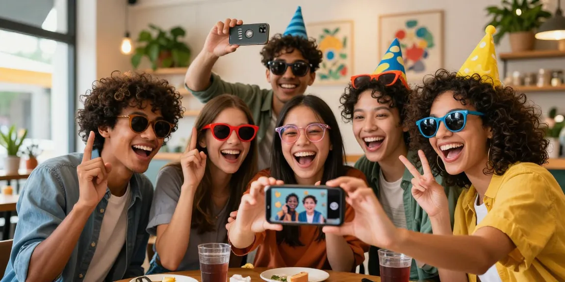 Group of friends exploring how old do I look through fun selfies at a vibrant café.