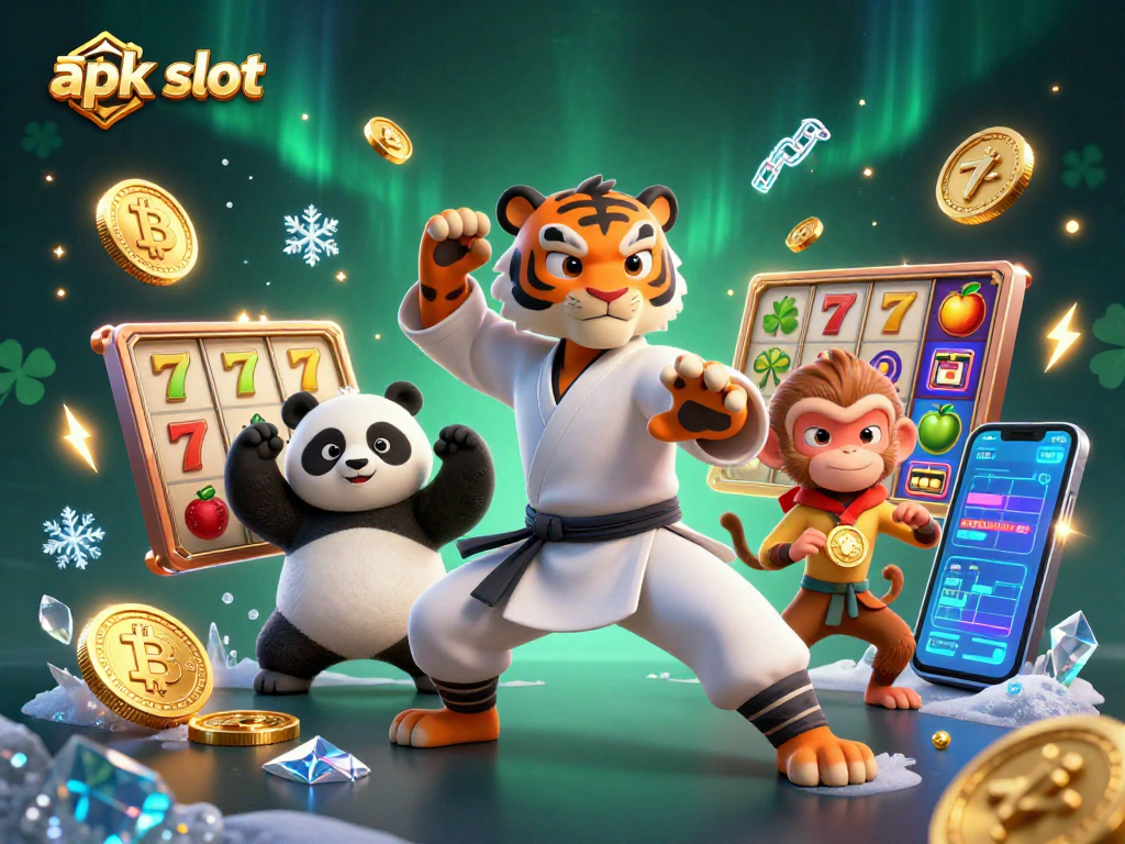 Menangkan apk slot dengan karakter ceria yang bermain di mesin slot, dikelilingi koin kripto dan hadiah menarik.