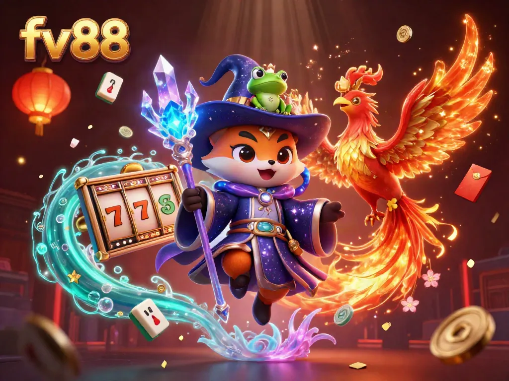 Experience thrilling gameplay with fv 88 as the wizard fox and phoenix bring luck and excitement in a vibrant casino scene.