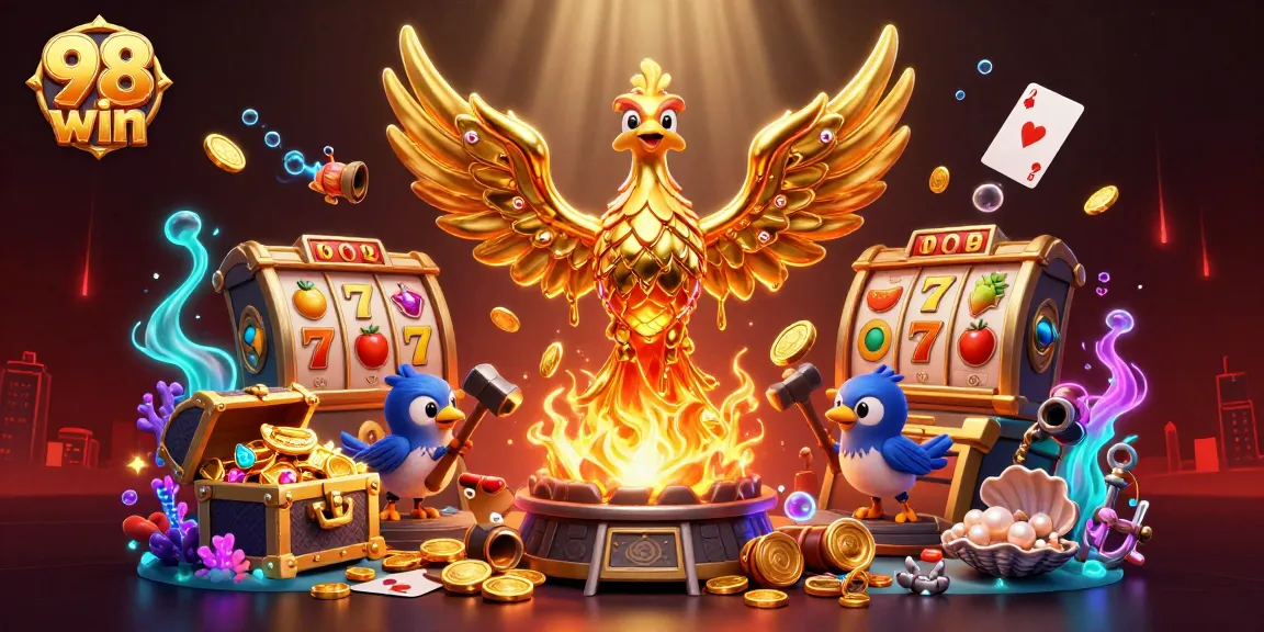 Experience the thrill of 98 win with a golden phoenix and slot games illuminating the casino realm.