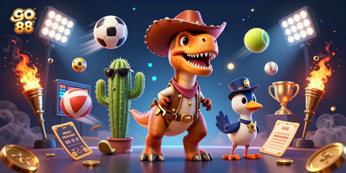Engage with go 88's dynamic gaming scene featuring a dinosaur, cactus, and roadrunner in captivating action.