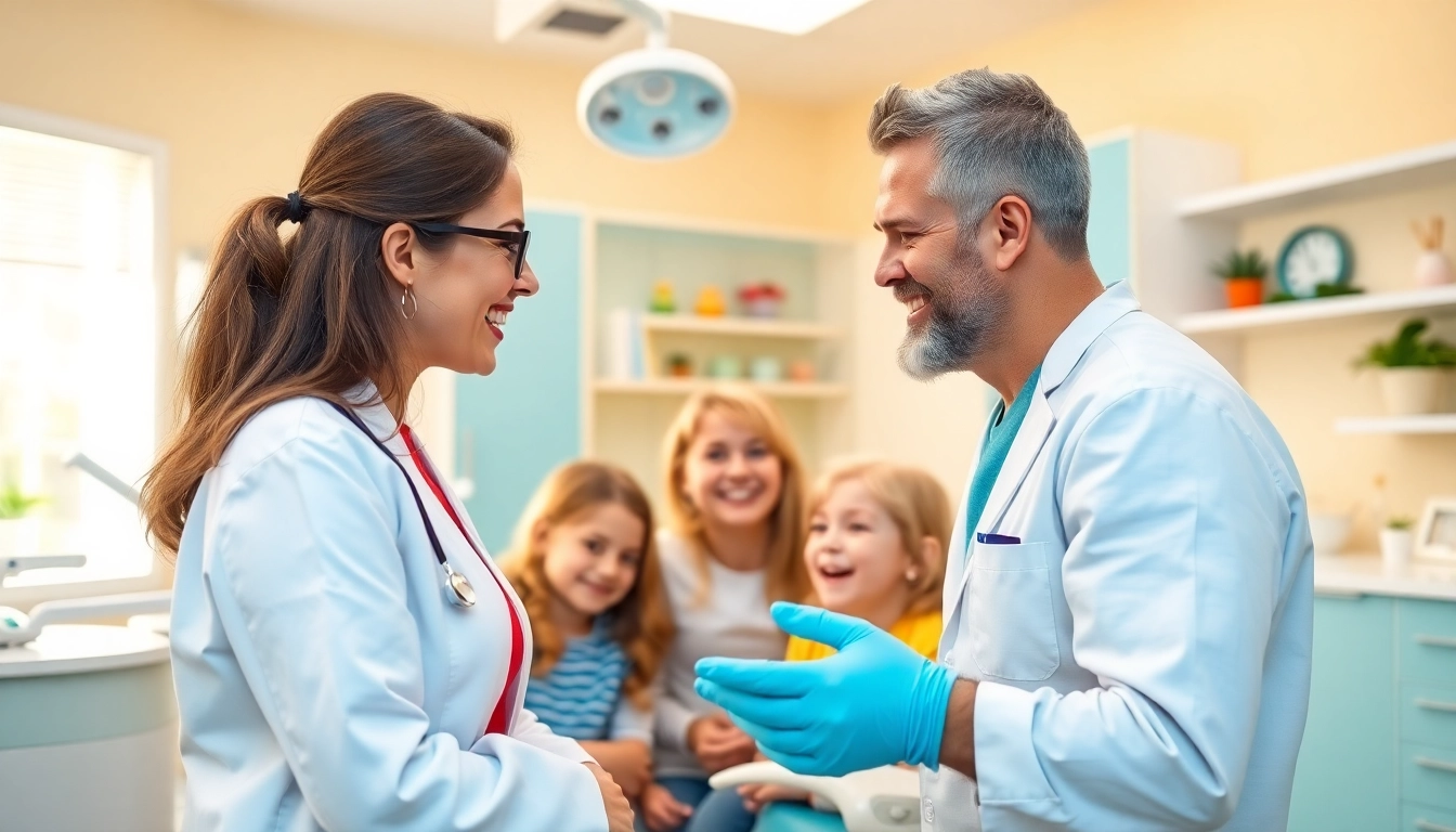 Family Dentistry: Engaging dentist with smiling family in a welcoming clinic atmosphere.