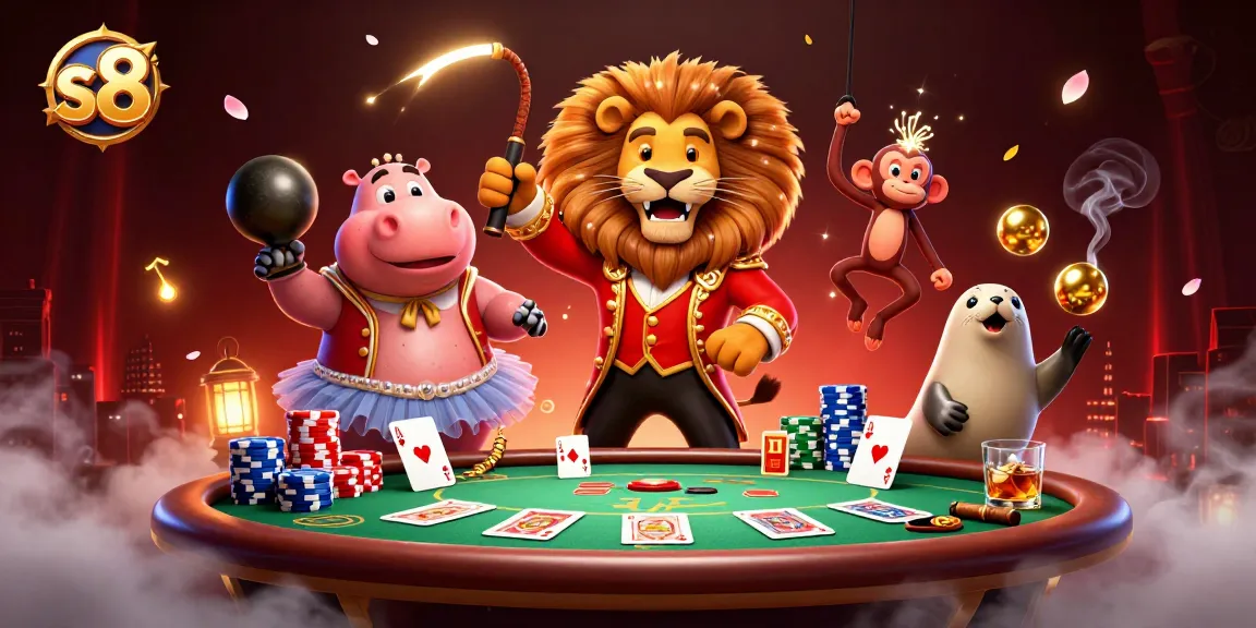 Experience vibrant gaming action at S8 with a fun 3D illustration of casino characters.