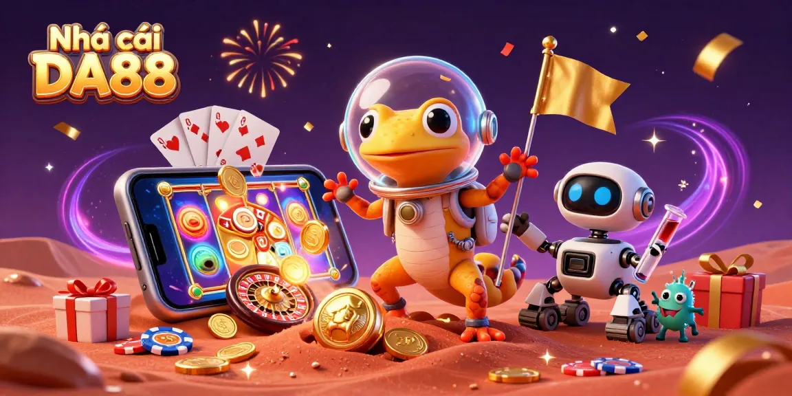 Nhà cái DA88 showcases a Martian gecko discovering a golden casino with vibrant slot games.