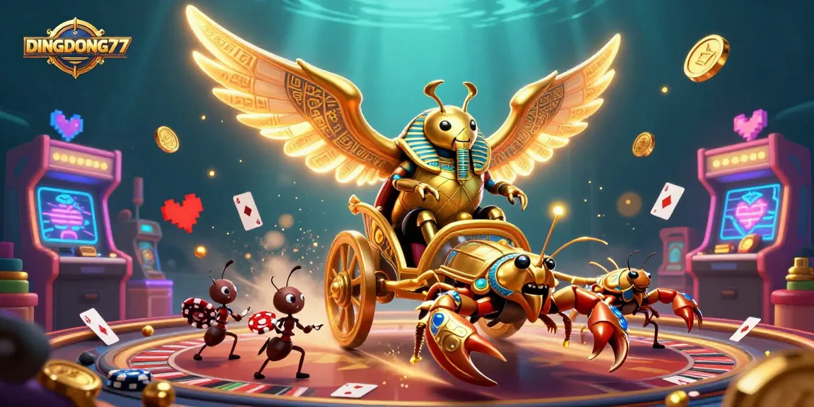 DINGDONG77 immerses players in a vibrant live casino atmosphere with golden scarab beetle and gaming elements.