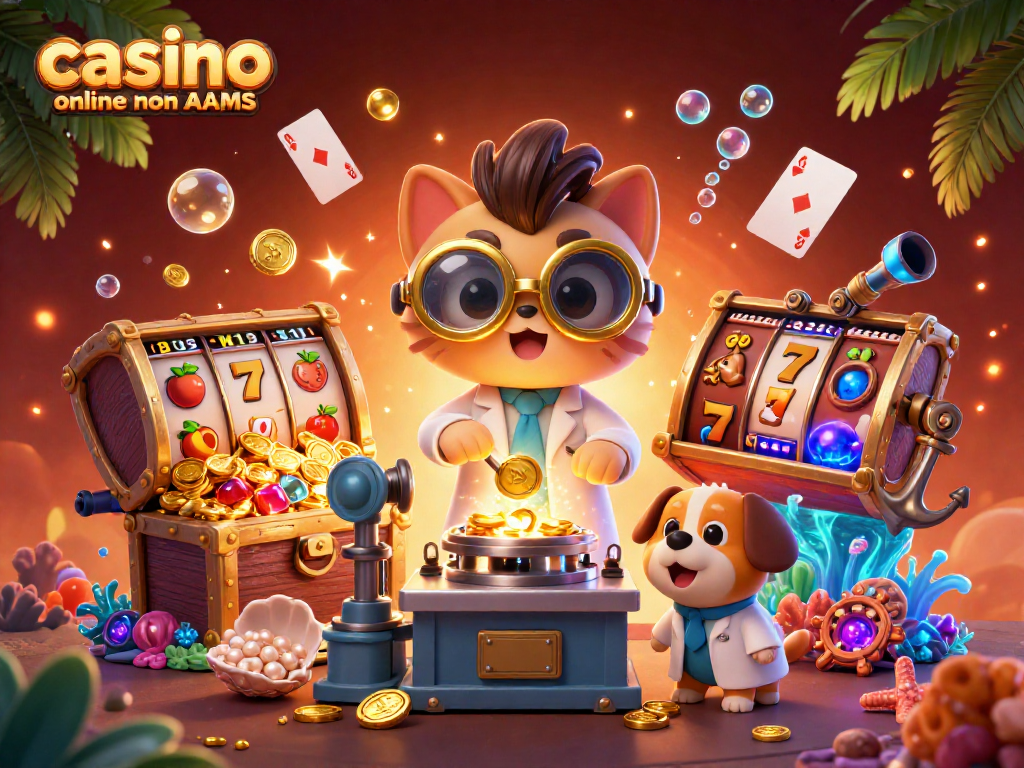 Gioca e vinci con giochi da casinò online non AAMS in un'illustrazione dettagliata di un gatto scienziato e un cane assistente.