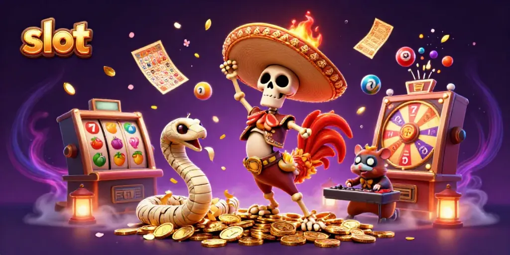 Slot mesin yang menghibur dengan karakter unik yang sedang merayakan di atas tumpukan koin emas.