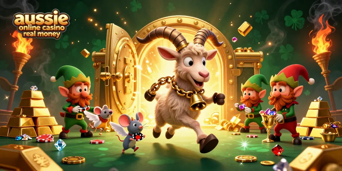 Aussie online casino real money scene showcasing a playful casino atmosphere with gamblers and treasures.
