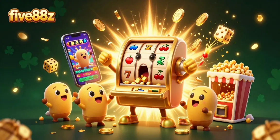 Experience the excitement of five88z as the animated golden slot machine hits a jackpot, pouring coins everywhere.