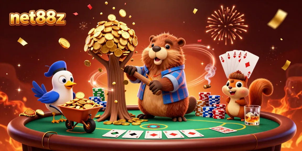 Join the excitement of net88z as a beaver chops a tree raining gold coins during a poker celebration.