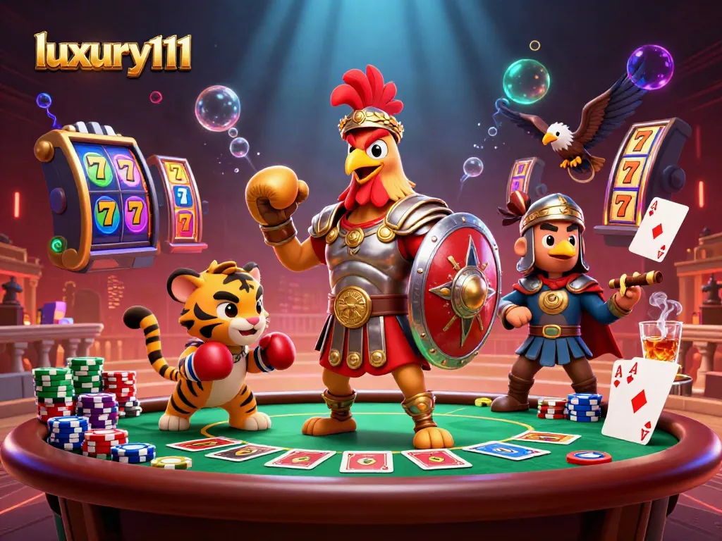 Experience thrilling gameplay at luxury111 with an intense poker scene featuring a gladiator rooster and vibrant casino elements.