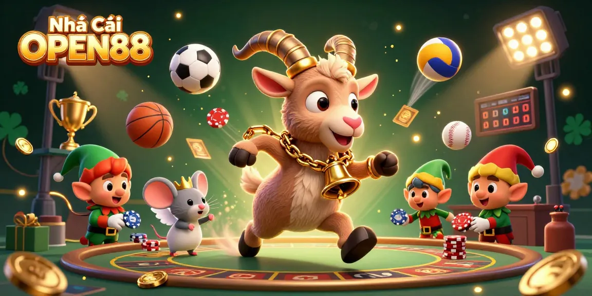 Bet on excitement at Nhà cái OPEN88 with a lively scene featuring Krampus, an angel mouse, and mischievous gremlins.