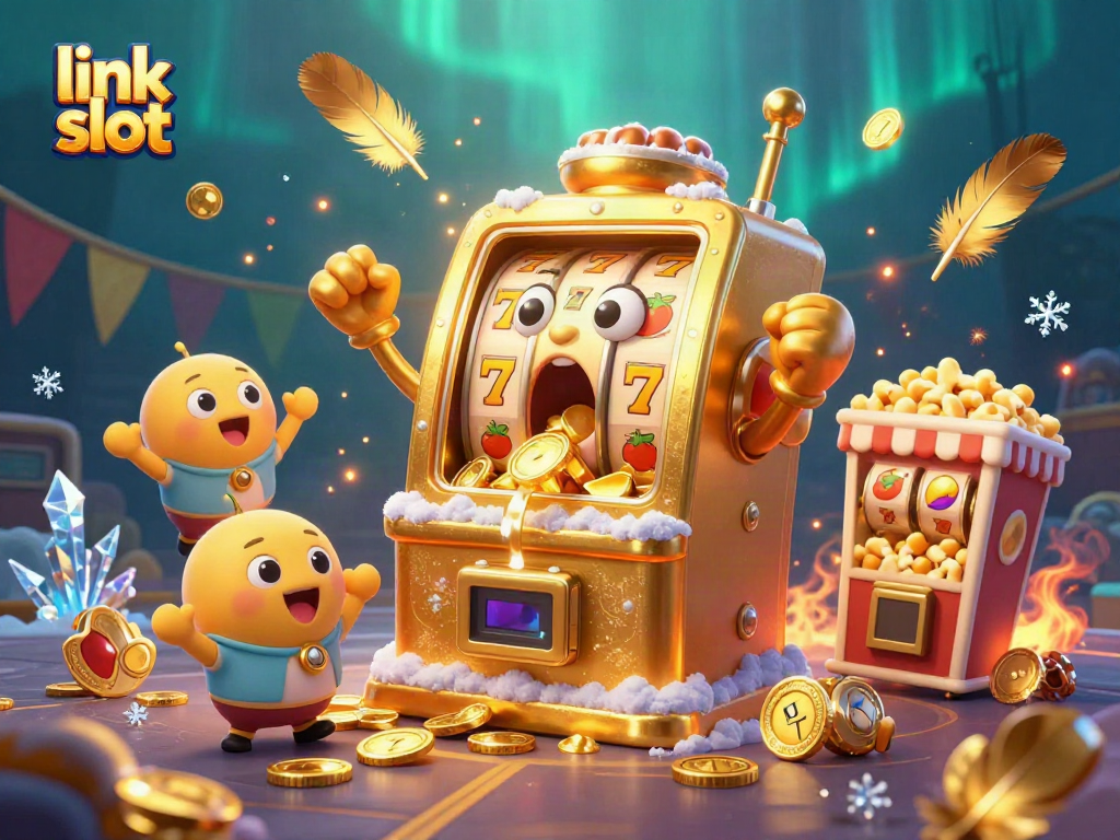Engage with link slot as a golden slot machine wins big amidst a festive casino scene filled with coins.