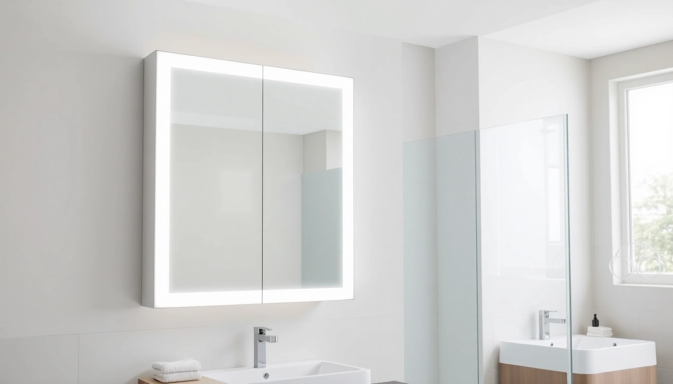 Spiegelschrank Bad mit Beleuchtung, elegant in modernem Design und sanfter Beleuchtung.