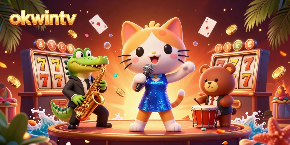 Experience vibrant gaming at okwintv with lively characters and slot games in a dynamic casino scene.