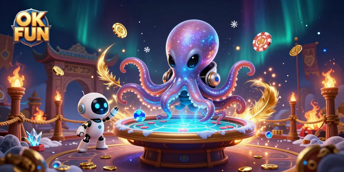 Engaging scene of an OK FUN alien octopus dealing cards at a holographic poker table in a vibrant cosmic setting.
