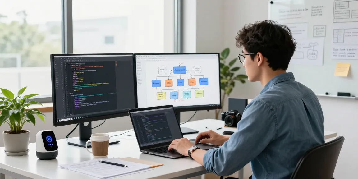 Build internal tools with AI in a modern workspace featuring code on dual monitors and a developer engaging in innovative processes.