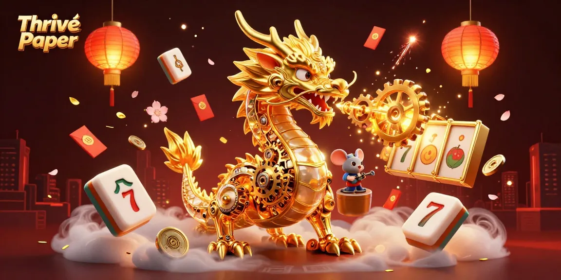 Thrive Paper unveils a vibrant scene of a golden dragon and gaming elements in an electrifying casino atmosphere.