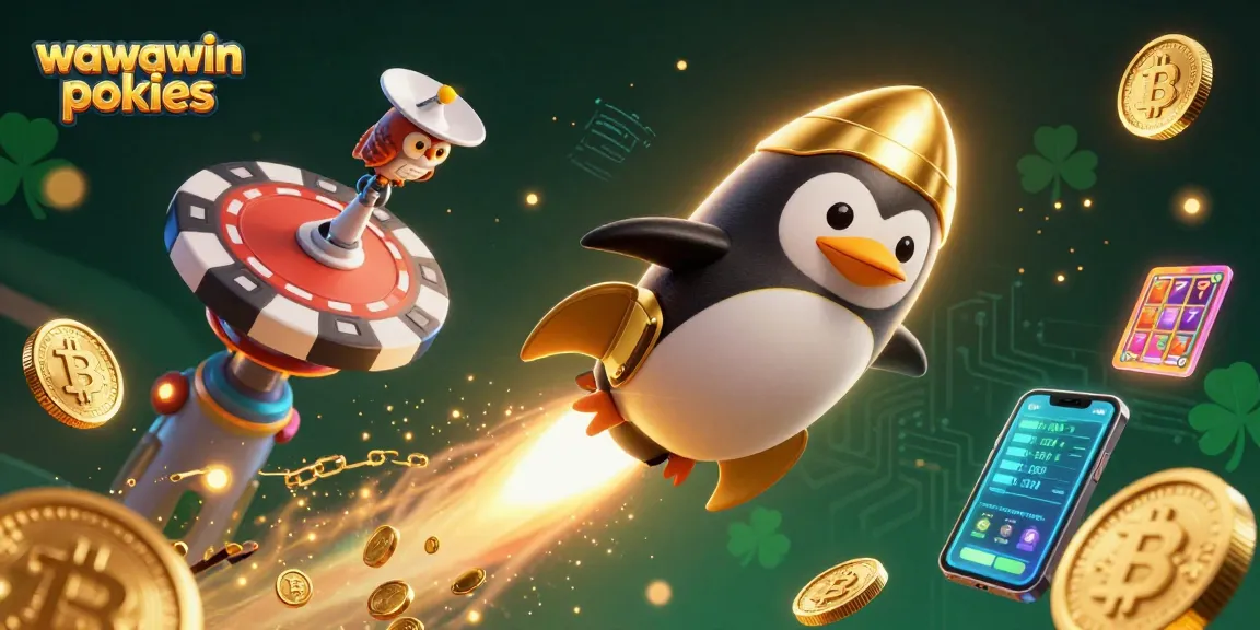 Play wawawin pokies with a dynamic scene of a penguin in space collecting coins.
