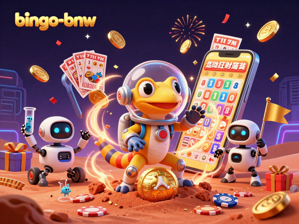 Bingo-bnw experience showcased with a Martian gecko revealing casino treasures, ideal for gaming enthusiasts.
