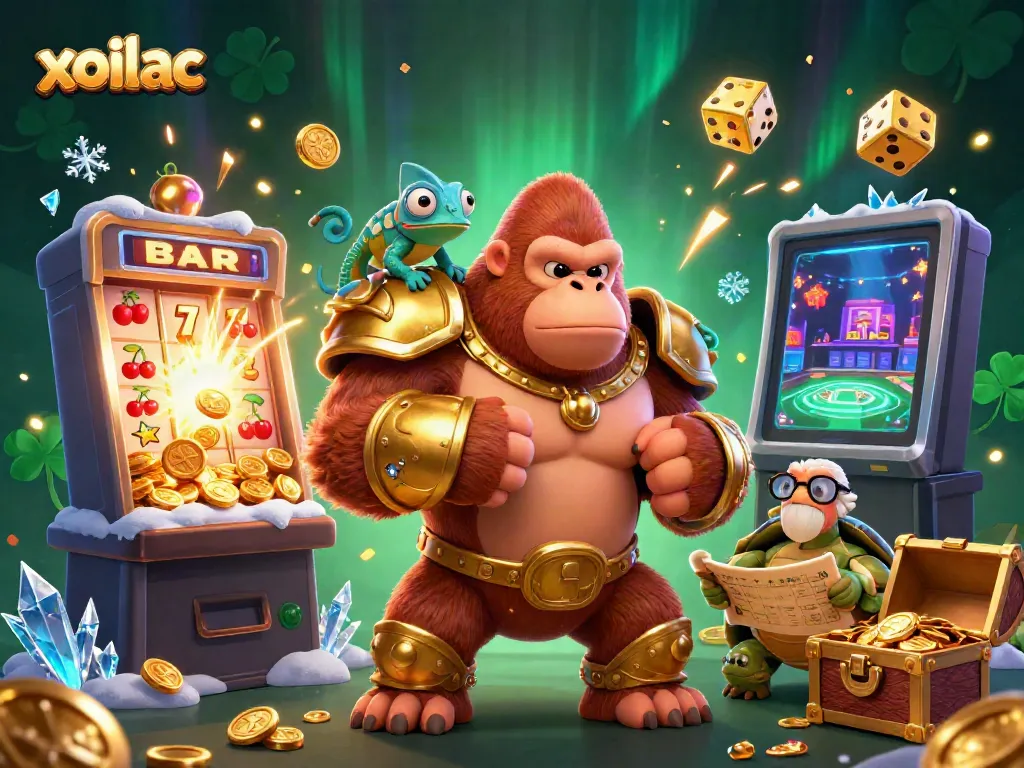 Xoilac slot game illustration featuring a gorilla king, chameleon, and tortoise.