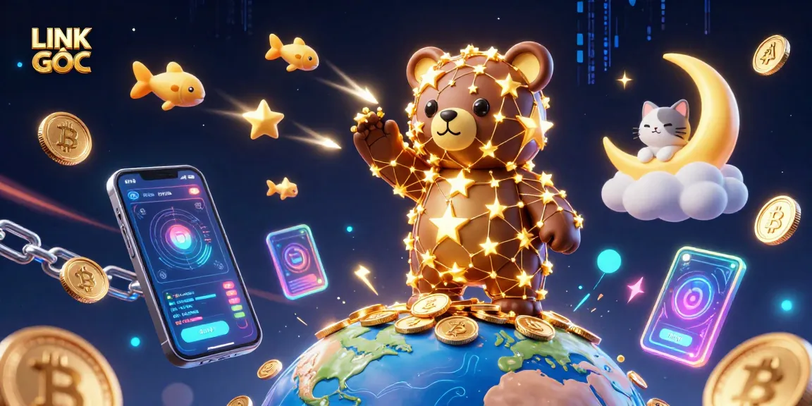 Watch LINK GỐC thrive with golden coins and crypto elements in a vibrant casino scene.