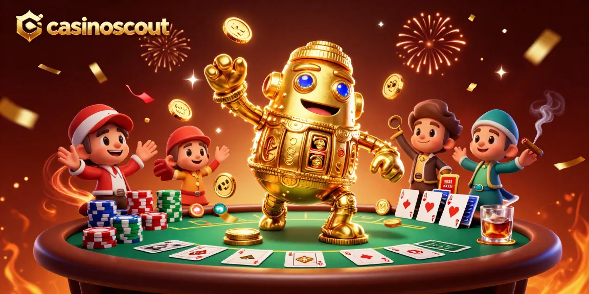 Win big with casinoscout as a golden golem spins around poker elements in a vibrant casino atmosphere.