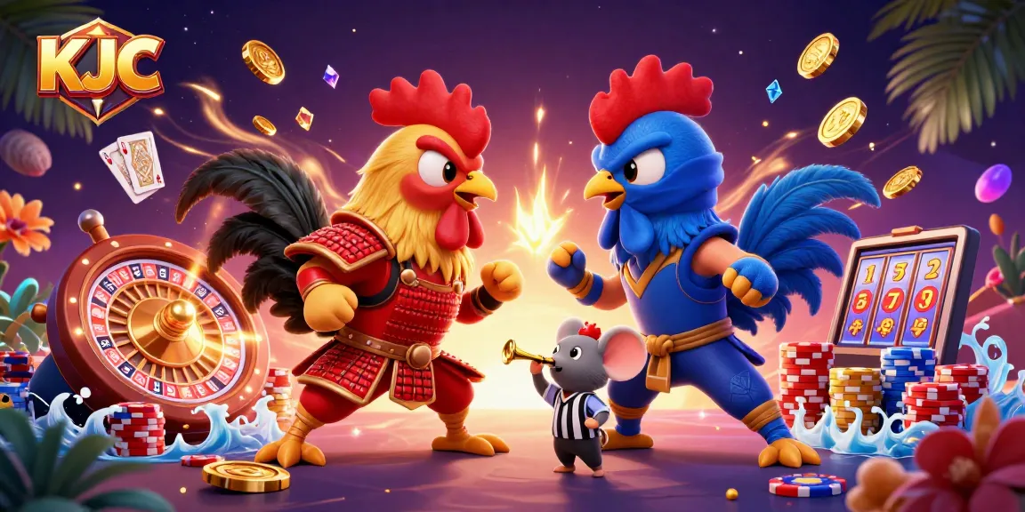 Experience thrilling action at KJC with dual rooster fighters ready for battle amid casino excitement.