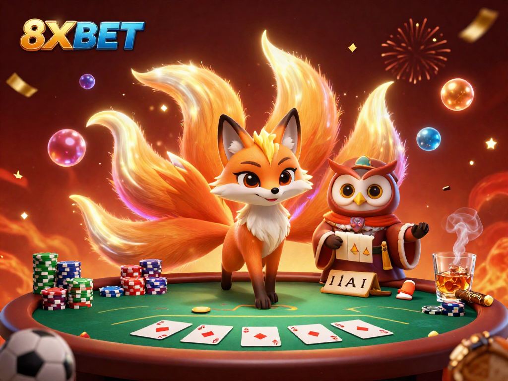 Experience thrilling moments with 8XBET as a glowing fox spirit and owl balance a vibrant poker scene.
