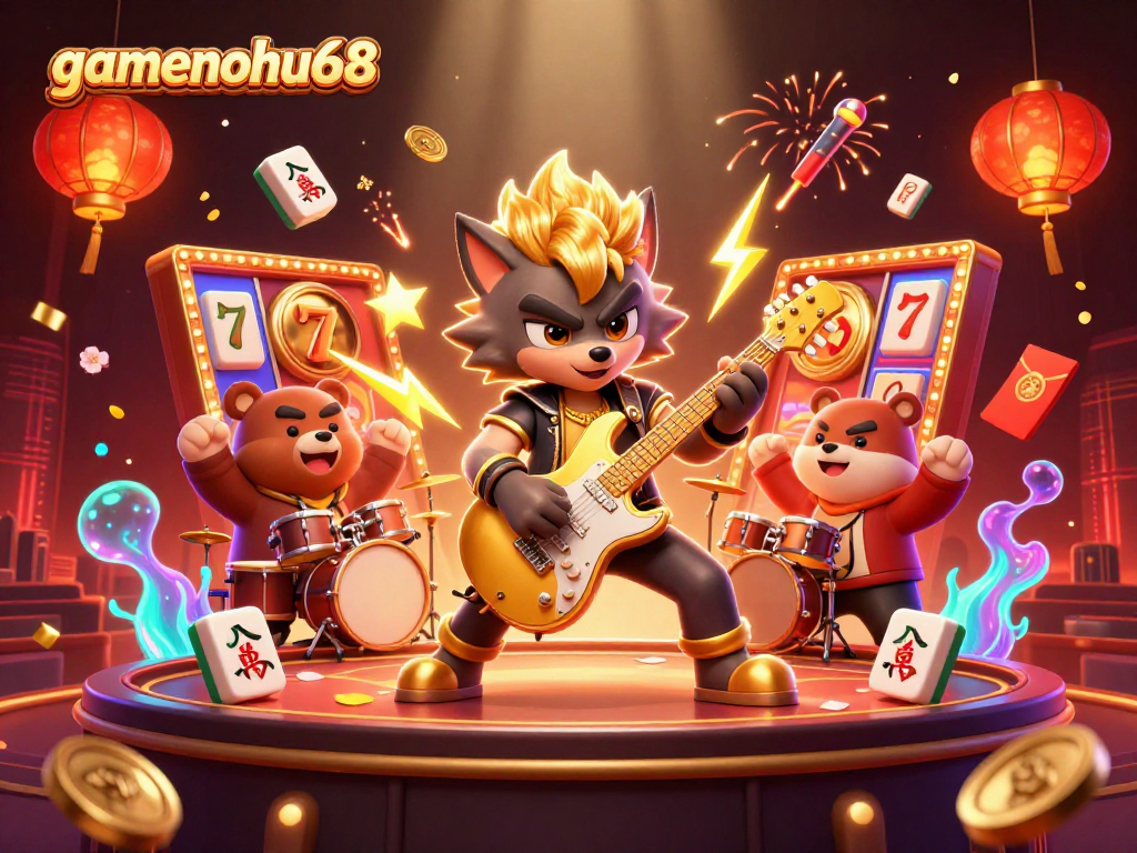 Experience the excitement of gamenohu68 slots in this colorful casino scene featuring a rock star wolf.