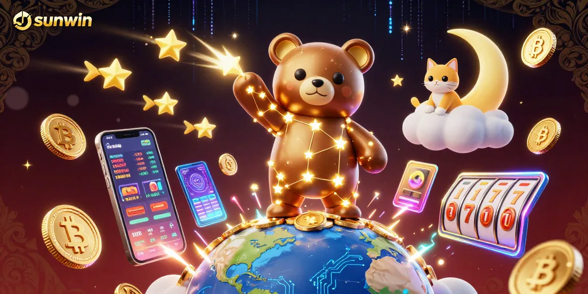 Experience sunwin's exciting gaming universe with vibrant 3D characters and slot-themed elements.