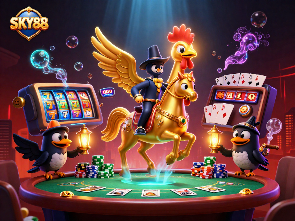 Join the excitement at SKY88's vibrant casino, featuring a golden rooster headless horseman and rich gaming elements.